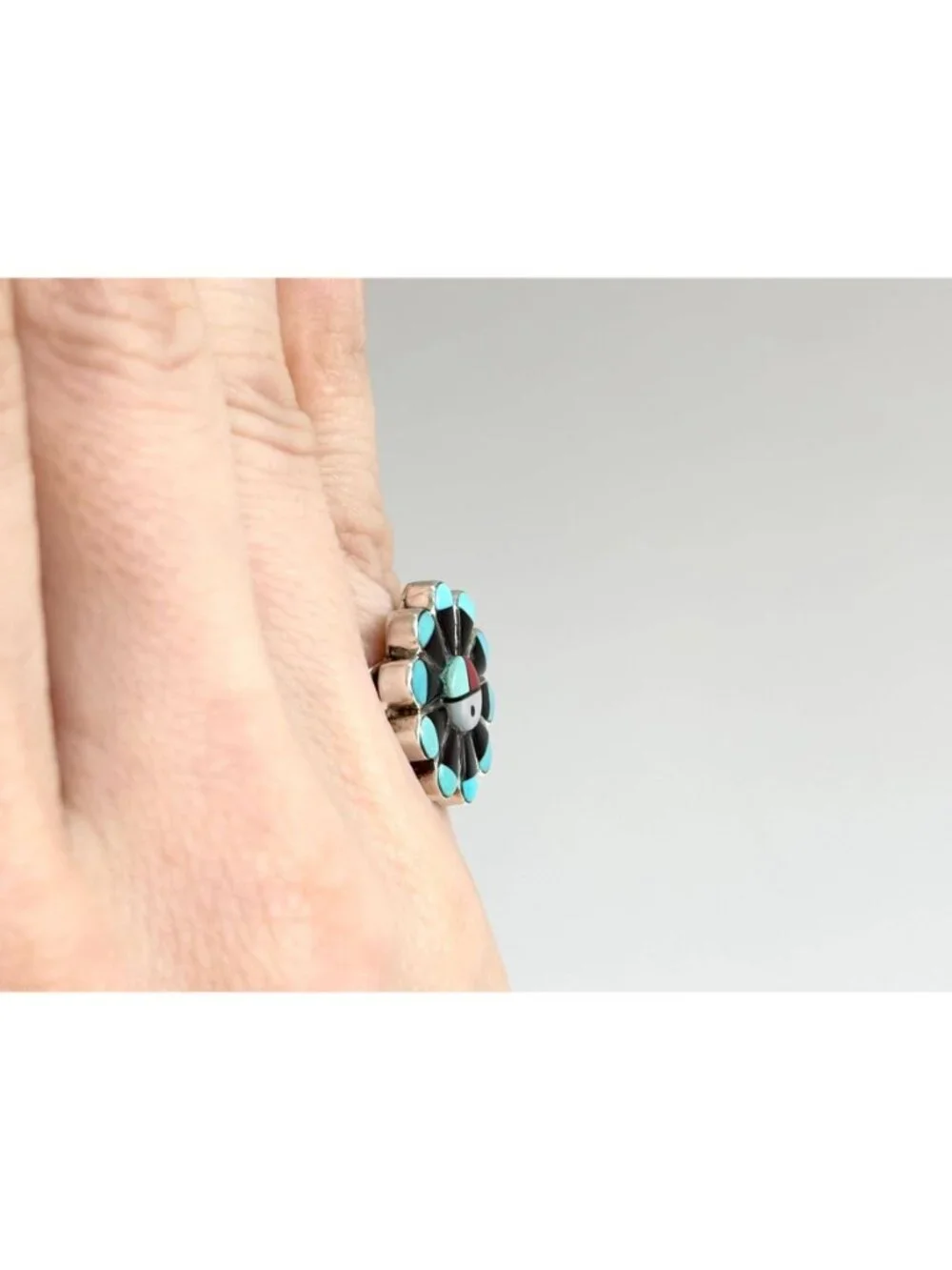 Zuni Sun Face Turquoise, Onyx, MOP & Coral Sterling Silver 925 Vintage Ring sz 6